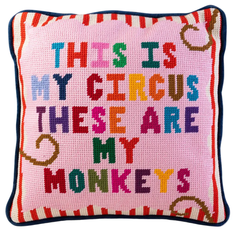 Furbish Cotton Needlepoint "My Circus / My Monkeys" Statement Pillow - 11" X 11" 1