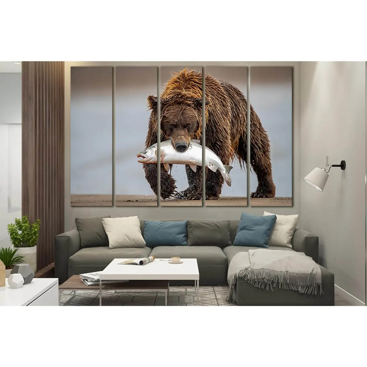 Grizzly Bear Salmon Hunt Canvas Wall Art – Ready-to-Hang Print