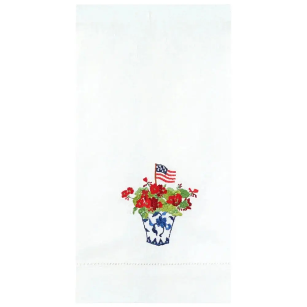 Peking Embroidered Cotton Geranium & Us Flag Tea Towel - 14" X 22" 1