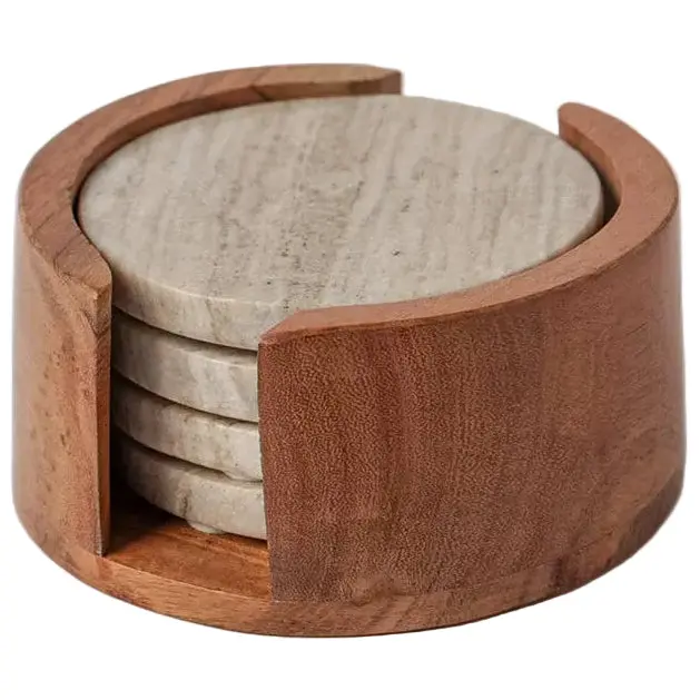 Verve 4" Natural Marble Coasters W/ Wooden Caddy - 5 Pc. 1