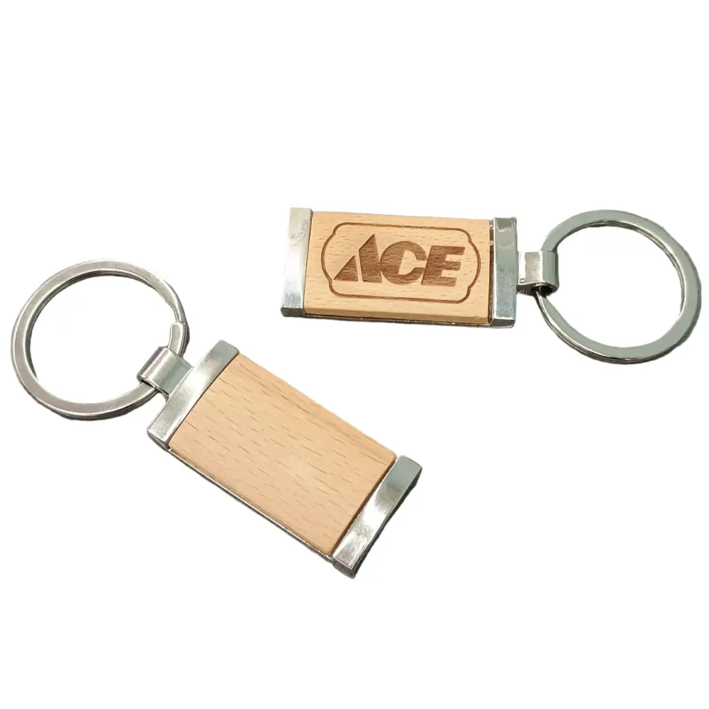 Rectangle Metal Keychain W/ Wood Inlay (Blank) - 1-7/8" 1