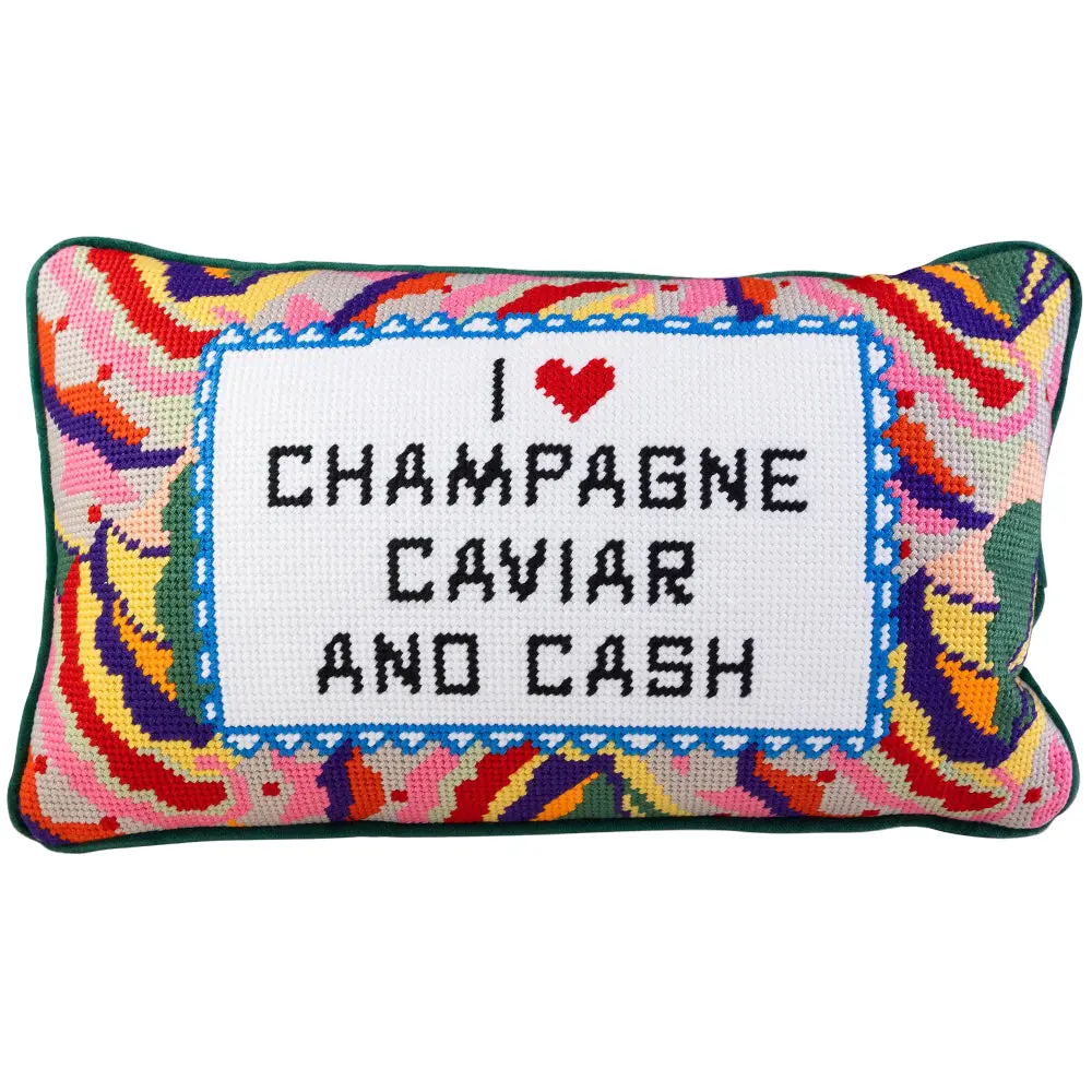 Furbish Cotton Needlepoint "Champagne, Caviar, & Cash" Statement Pillow - 9" X 15" 1