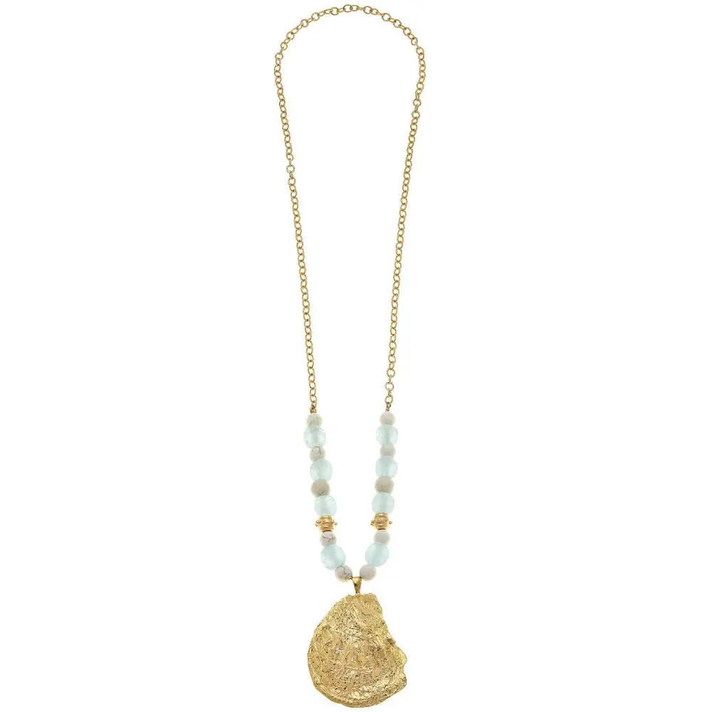 Susan Shaw Gold Oyster Pendant & Sea Glass Beads Necklace 1
