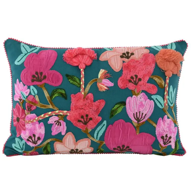 Karma Embroidered Teal & Pink Floral Cotton Lumbar Pillow - 16" X 24" 1