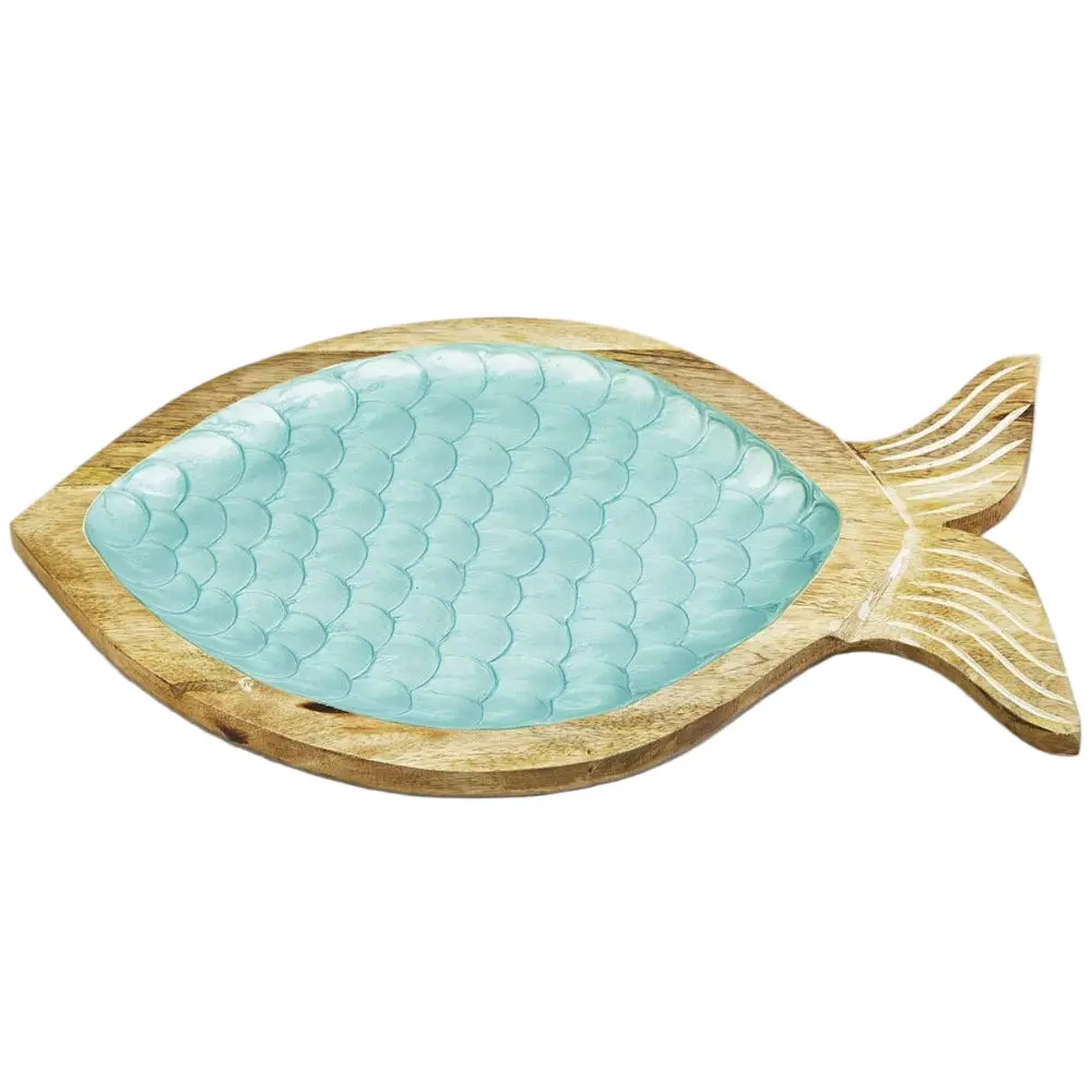 Shimmering Aqua Lacquer Mango Wood Fish Tray - 16" 1