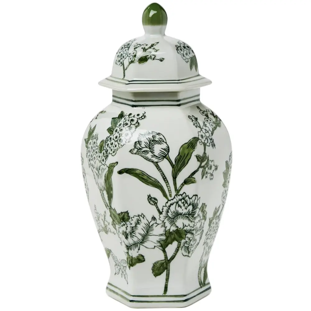 Green & White Porcelain Primrose / Lotus Temple Jar - 14.5" 1