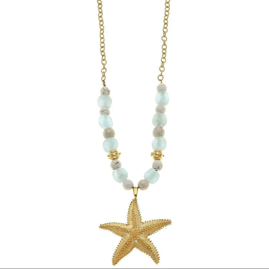 Susan Shaw Gold Starfish Pendant & Sea Glass Beads Necklace 1