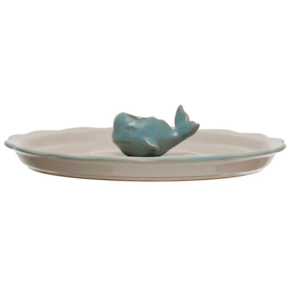 Glazed Stoneware Appetizer Plate W/ Whale Toothpick Holder - 10" 1