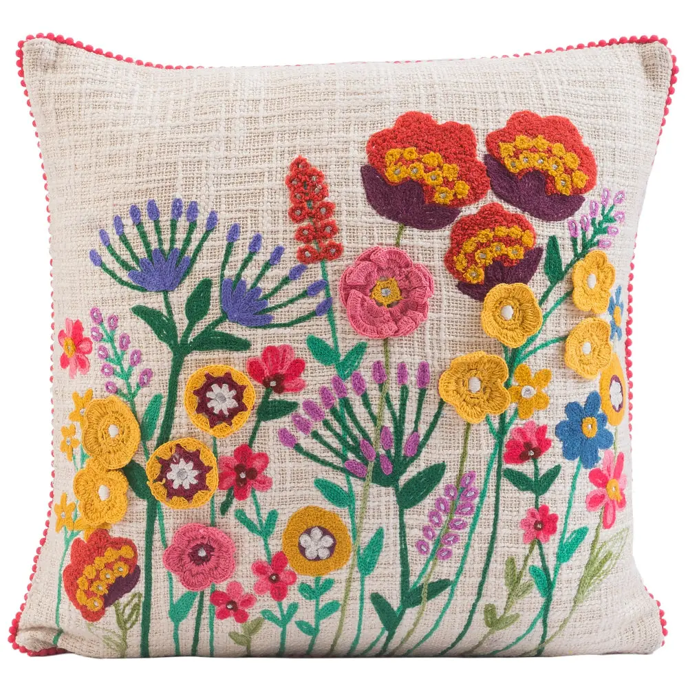 Karma Embroidered Spring Wildflowers Cotton Throw Pillow - 18" X 18" 1