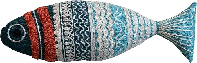 Fish-Shaped Embroidered Cotton Chambray Pillow - 3" X 14" 1