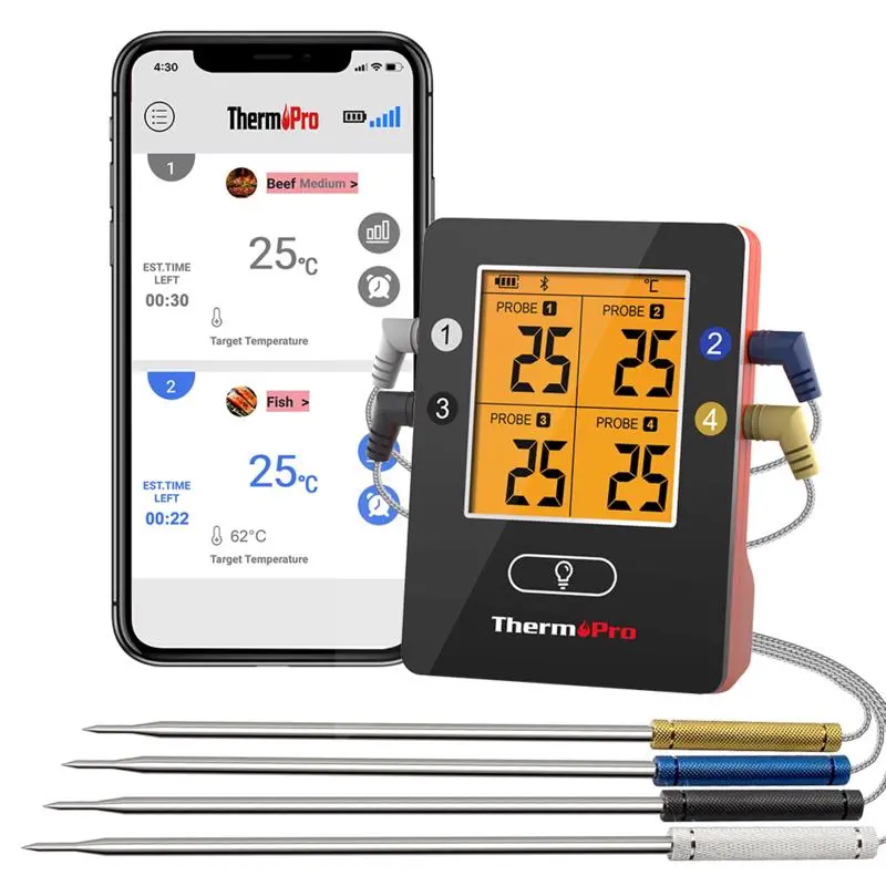 Thermopro Tp25w Wireless Bluetooth Meat Probe Thermometers (4) & Receiver 1