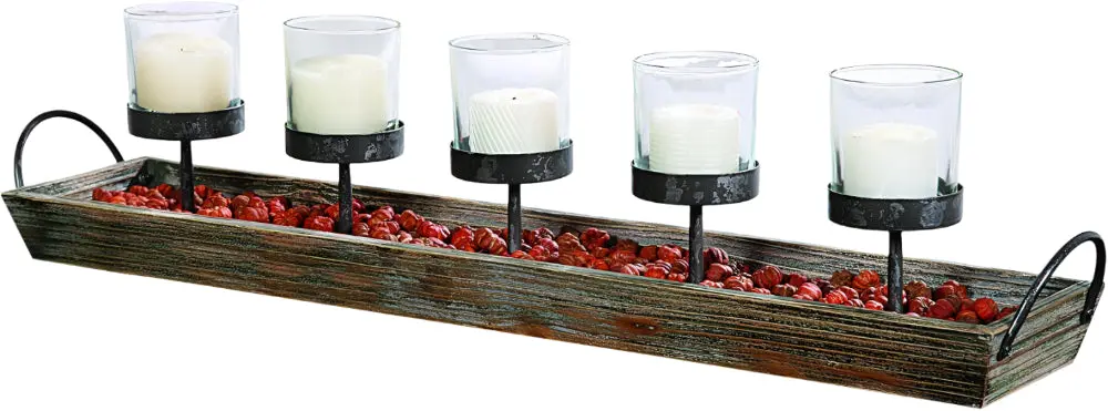 Wooden 5-Candle Votive Holder W/ Handles - 29.5" X 6.75" 1