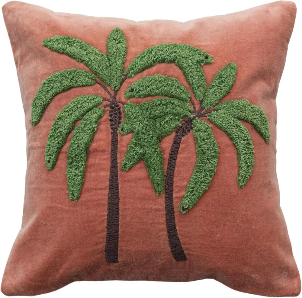 Brown Cotton Pillow W/ Tufted Palm Trees - 18" X 18" 1