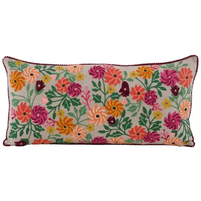 Karma Embroidered Natural Chamber Floral Cotton Lumbar Pillow - 14" X 28" 1