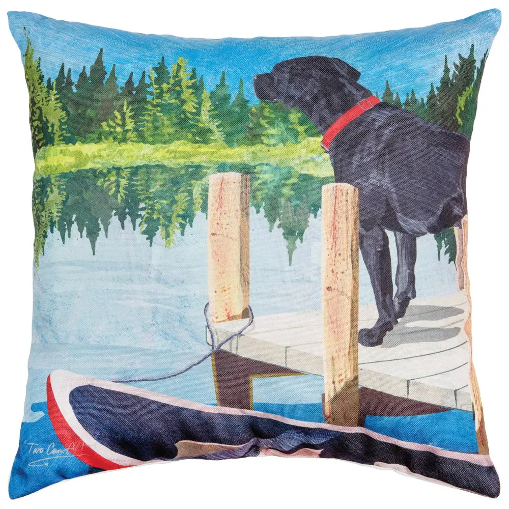 Black Labrador On The Lake Polyester Throw Pillow - 18" X 18" 1