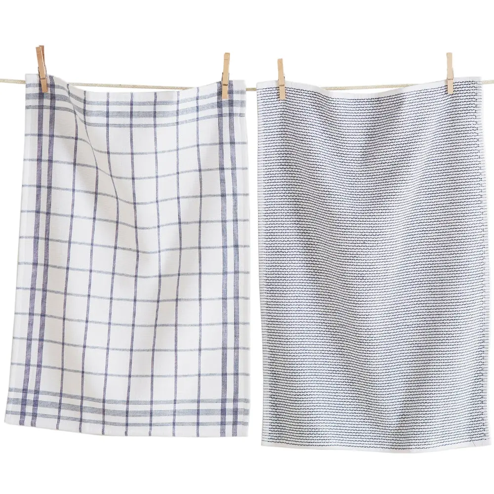 Classic Blue Plaid / Stripe Cotton Terry Dishtowels - 2 Pc. 1