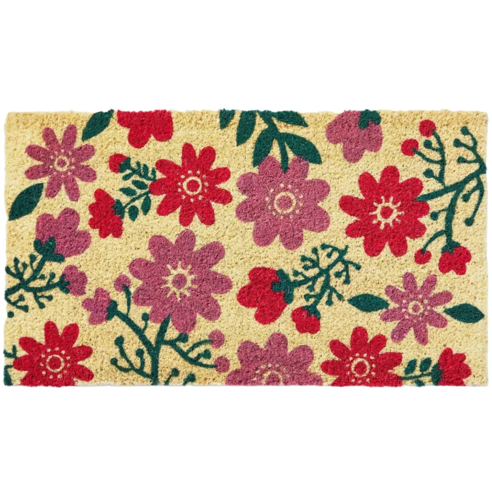 Happy Pink & Red Flowers Coir Mat - 17" X 30" 1