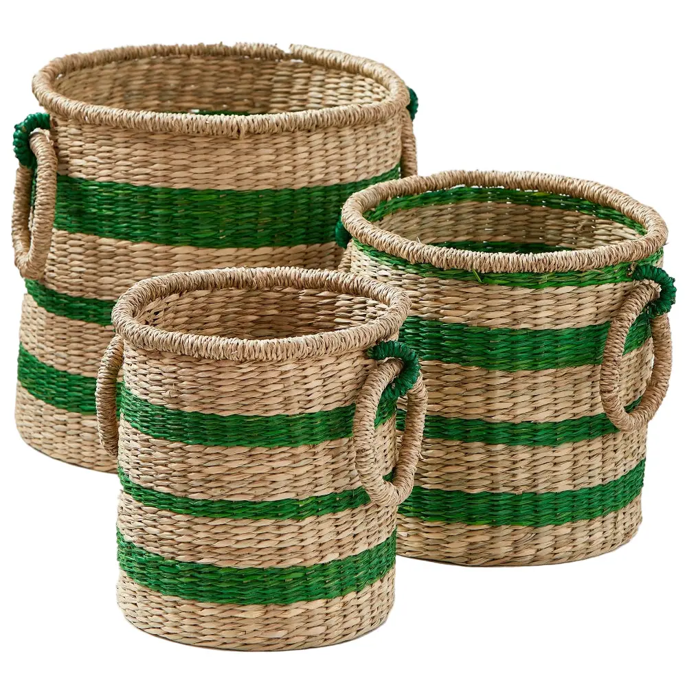 Tag Handled Green Stripe Seagrass Baskets 1