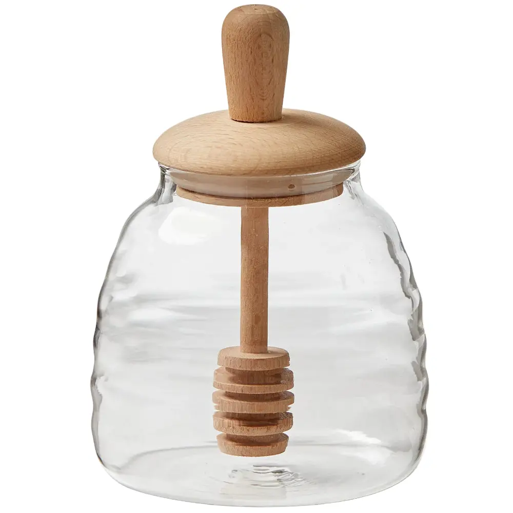 Tag Glass Honey Jar W/ Oak Dipper Set - 3.5" X 5.5" 1
