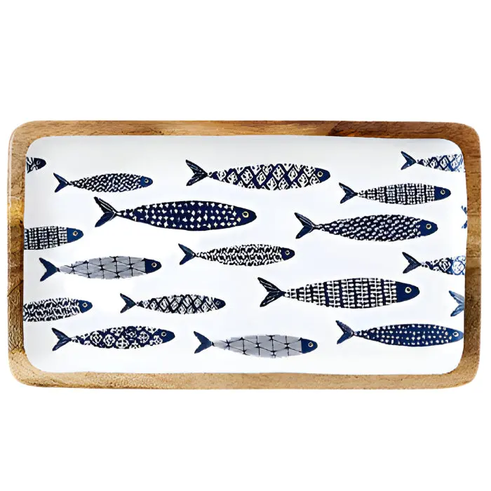 Navy & White Enameled Fish School Tray - 7" X 14" 1