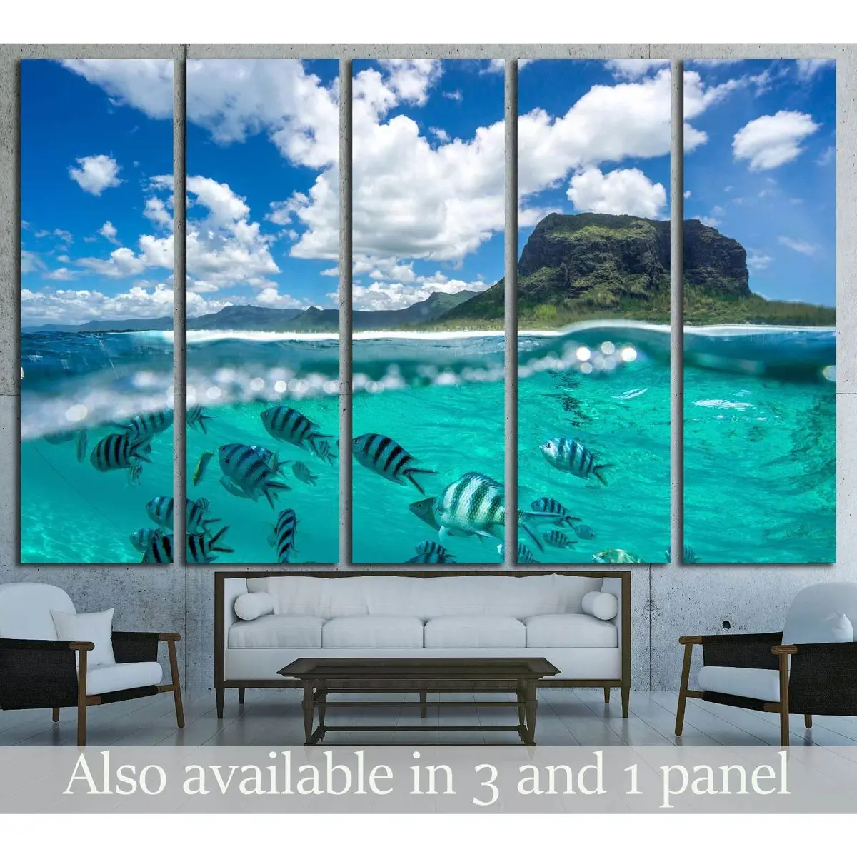 Serene Ocean View: Mountain & Clouds Canvas Wall Art №3150