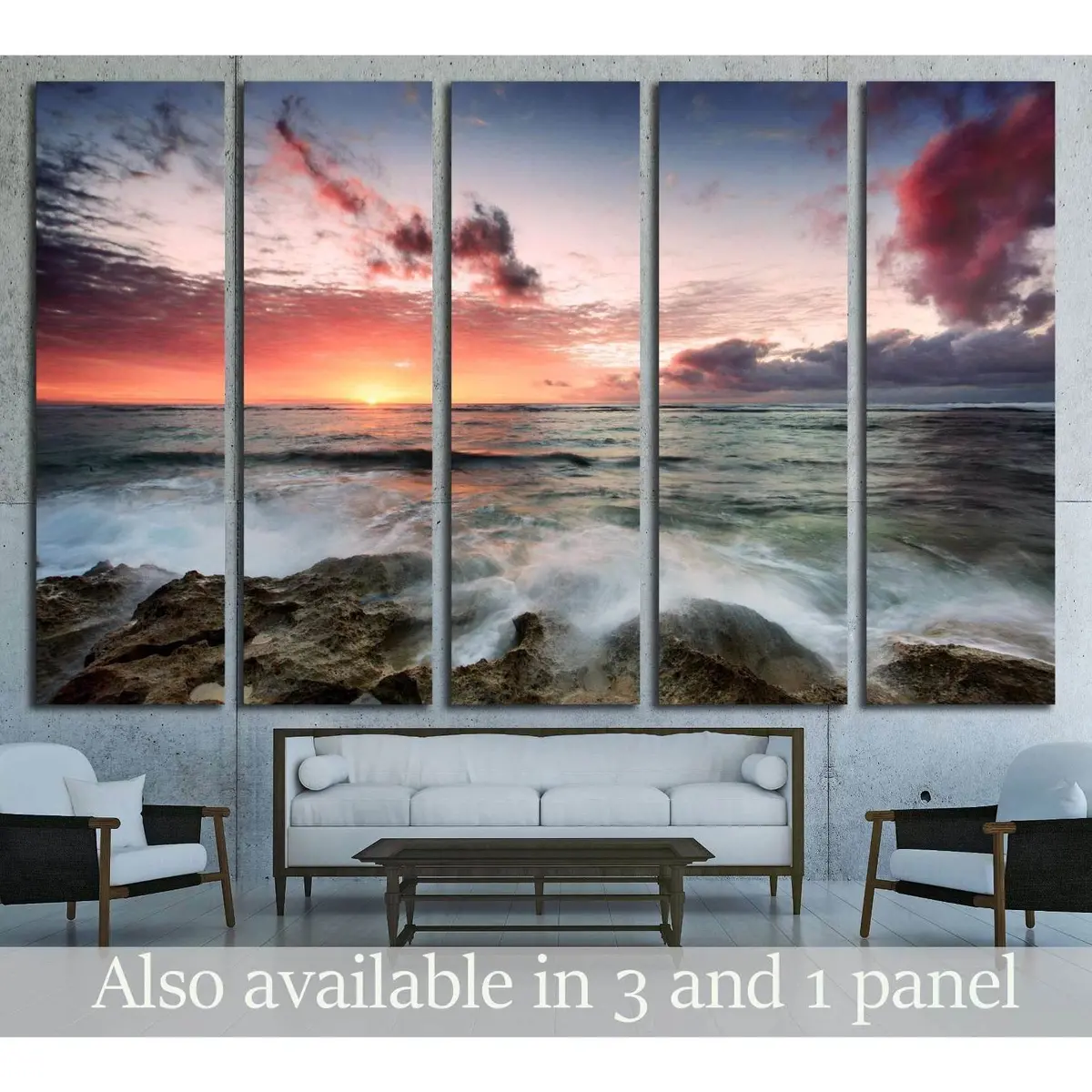 Cloudy Sunset Ocean Waves Crashing on Rocks Canvas Wall Art №2823