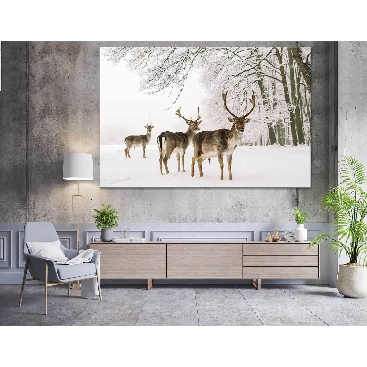A Male Of Fallow Deer With Grate Antlers Standing On The Snow №04143 Ready To Hang Canvas Print 1