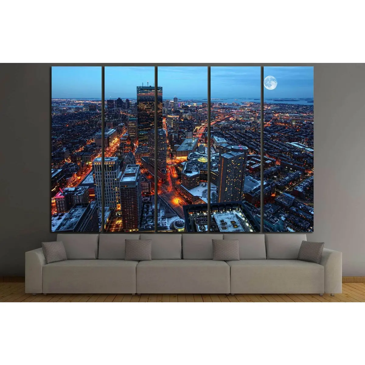 Moonrise Over Boston Cityscape – Ready-to-Hang Canvas Wall Art #1442 - Image 3