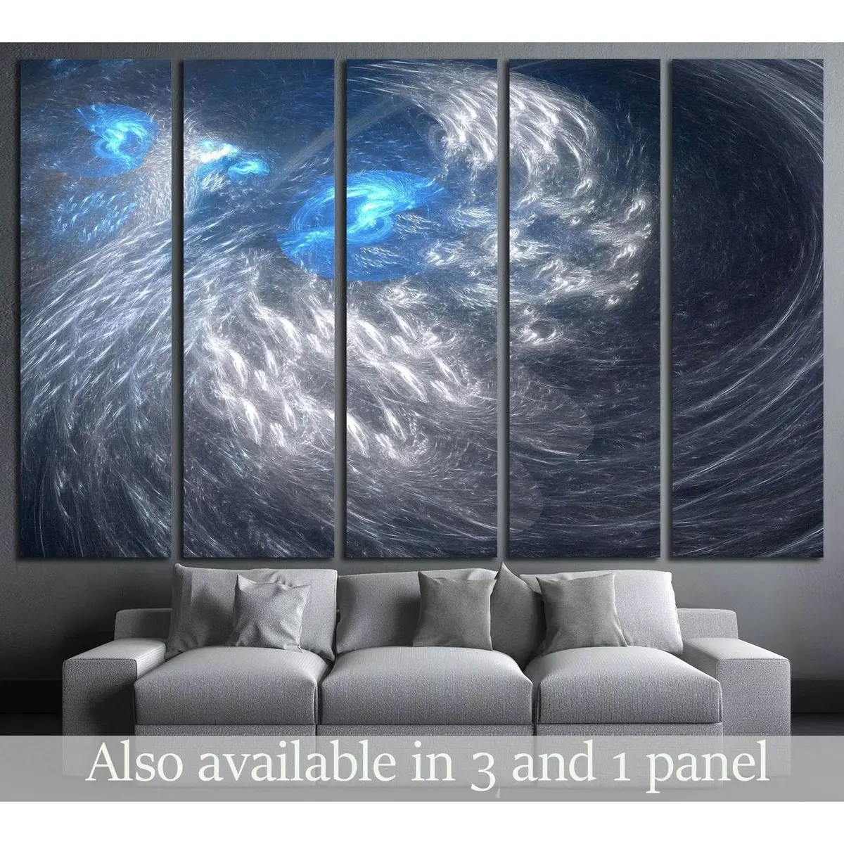 Modern Abstract Canvas Art — Geometric Fractal Design in Soft Gray and Blue Tones, Ready-to-Hang Wall Decor