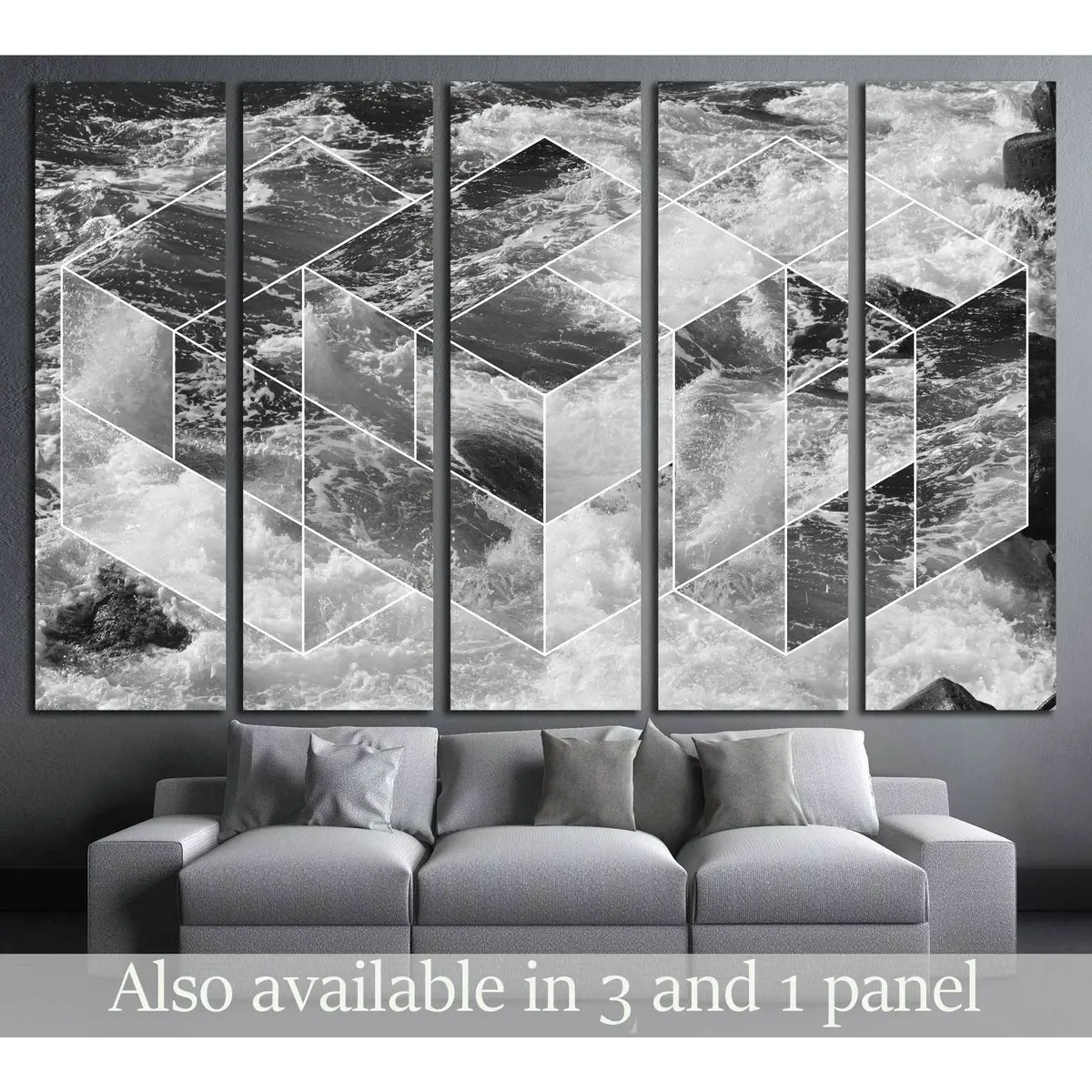 Black & White Abstract Sea Canvas Art – Geometric Water Wave Wall Decor