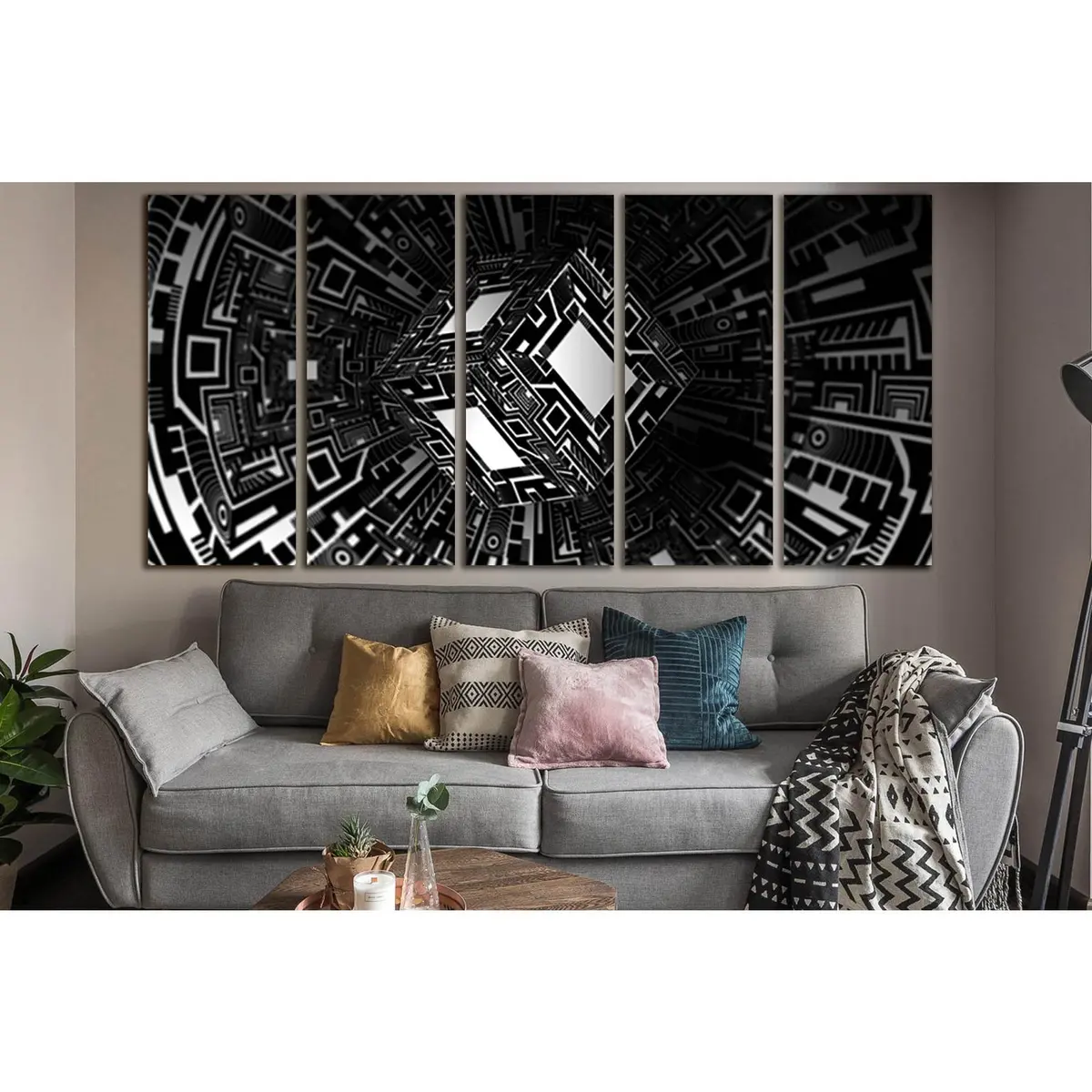 Black & White Abstract Cube Canvas Art Print – Pre-Stretched, Ready-to-Hang Wall Decor (SL859)