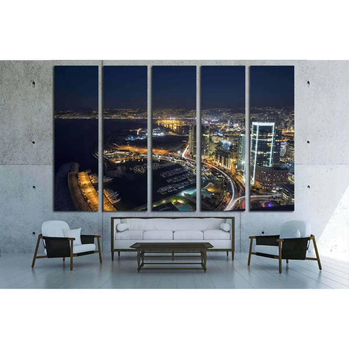 Stunning aerial night photograph of Beirut, Lebanon — ready-to-hang canvas print showcasing the vibrant cityscape and illuminated coastline. - Image 3
