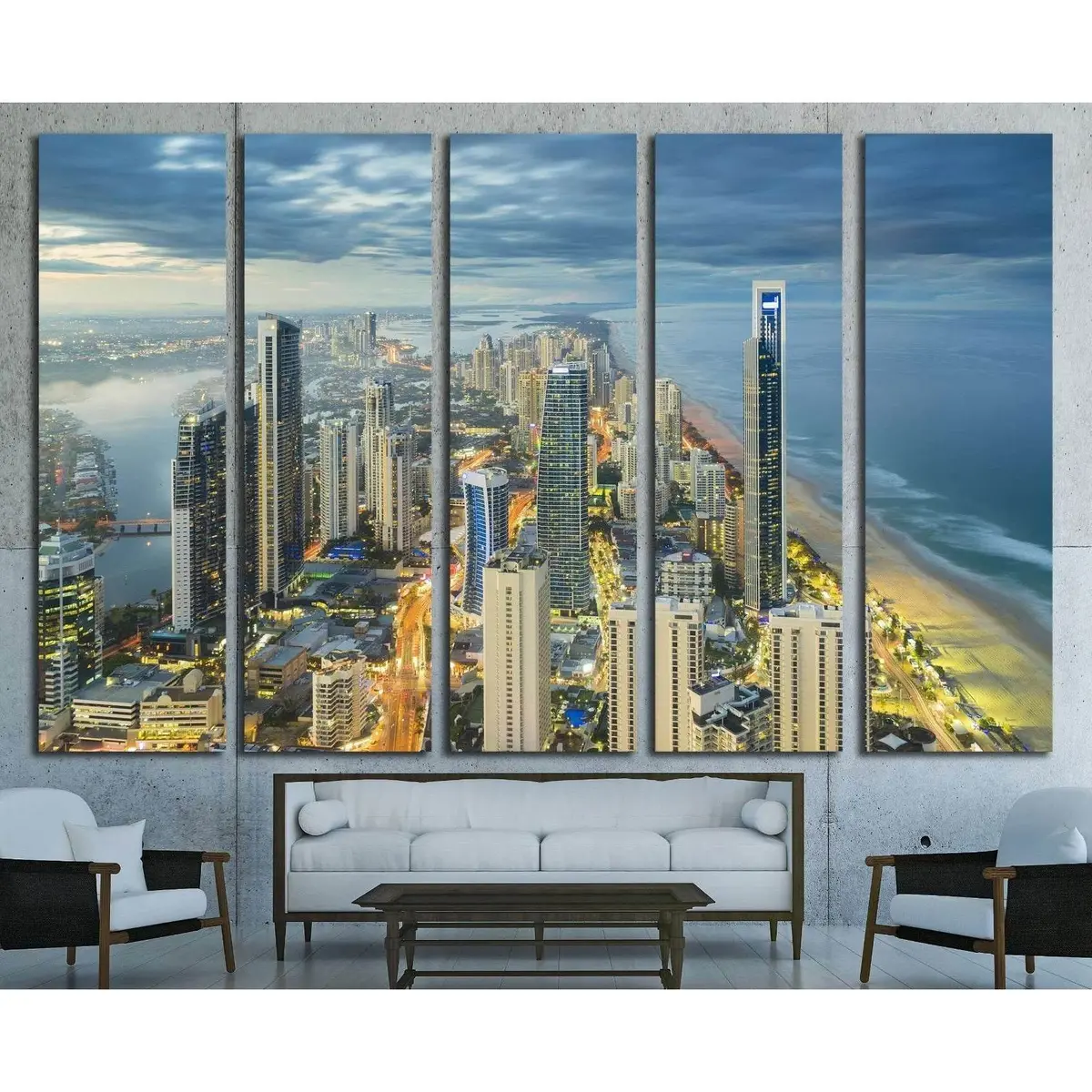 Gold Coast Riverside Aerial Canvas Art – Modern Cityscape with Light Trails, Ready-to-Hang Print #2390