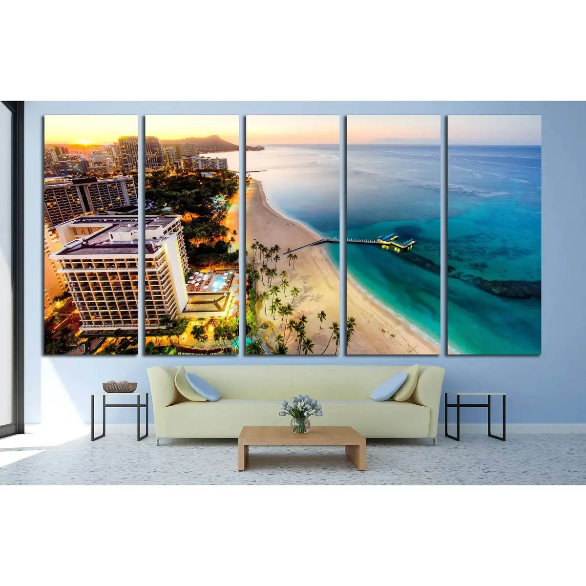 Aerial Sunrise Over Waikiki Beach – Ready-to-Hang Canvas Wall Art #1717 - Image 3