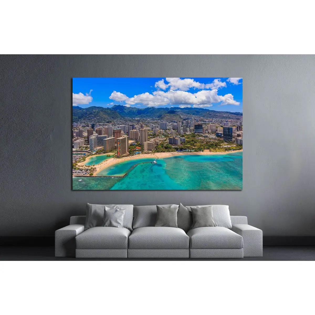 Aerial View Of Waikiki Beach In Honolulu Hawaii From A Helicopter №1754 Ready To Hang Canvas Print 3