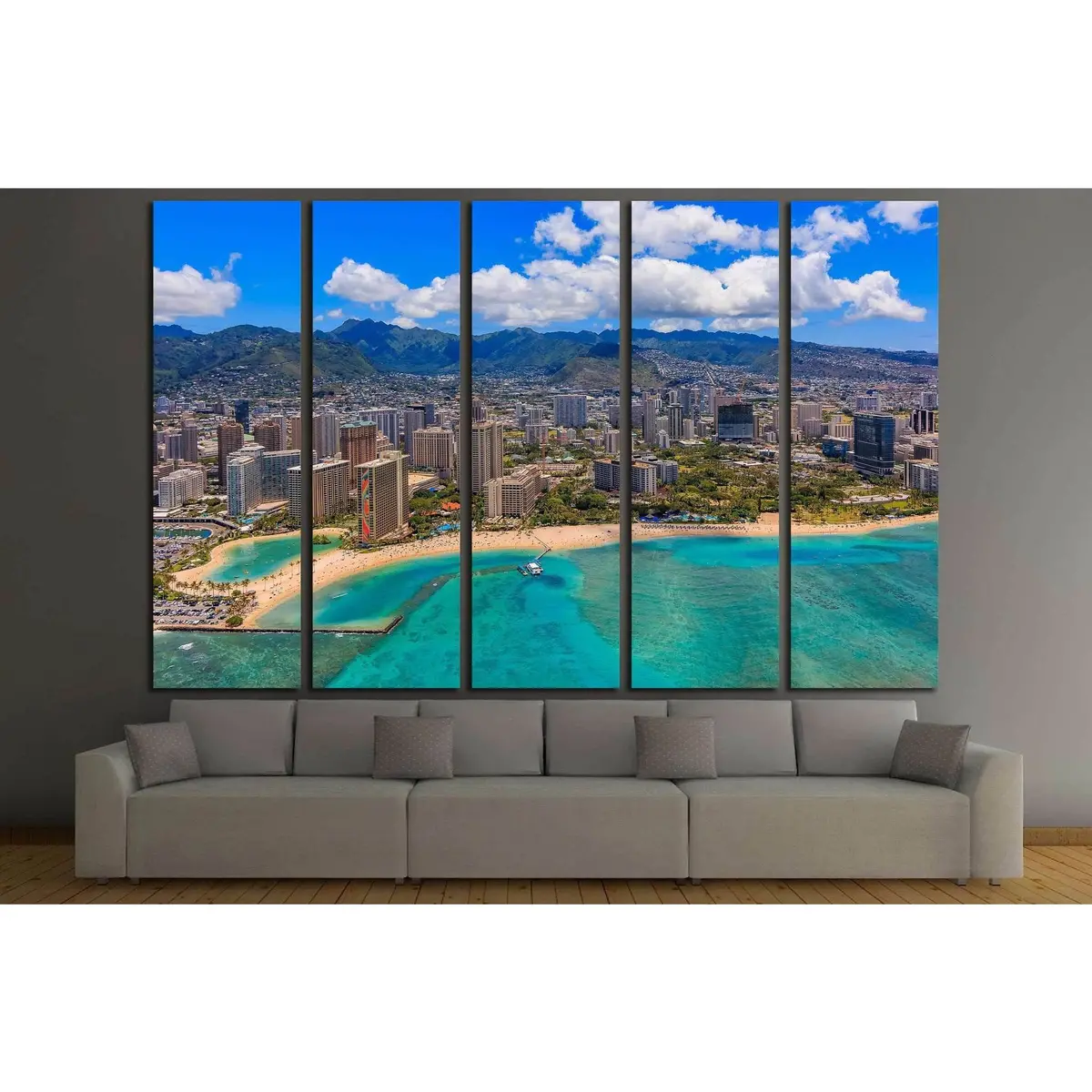 Helicopter Aerial Photo of Waikiki Beach, Honolulu — Premium Ready-to-Hang Canvas Print #1754 - Image 3