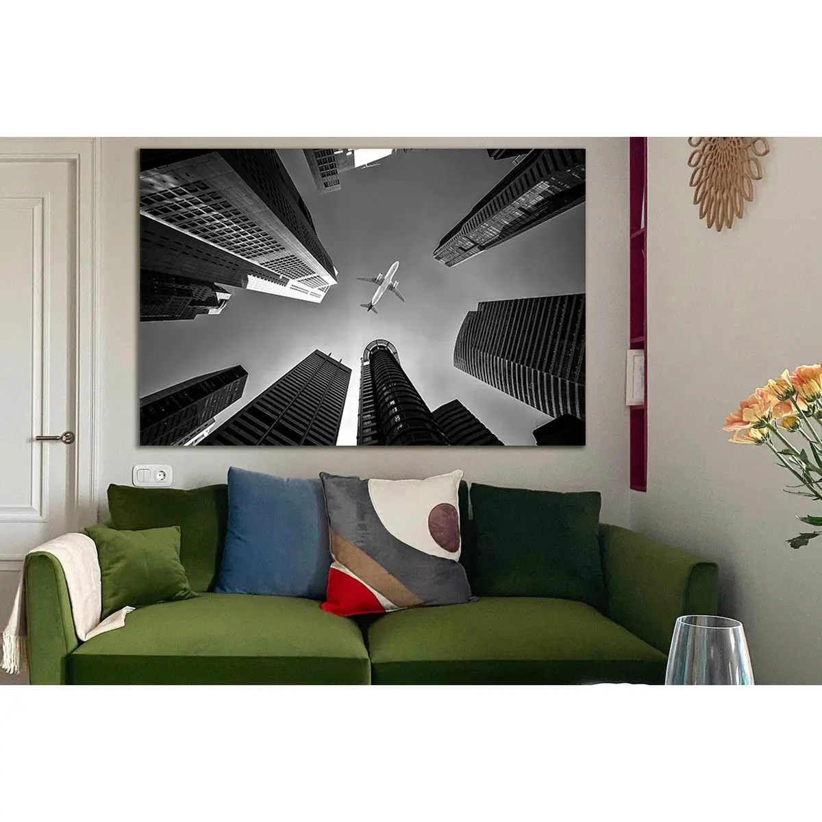 Airplane Flying Over Buildings №Sl836 Ready To Hang Canvas Print 1