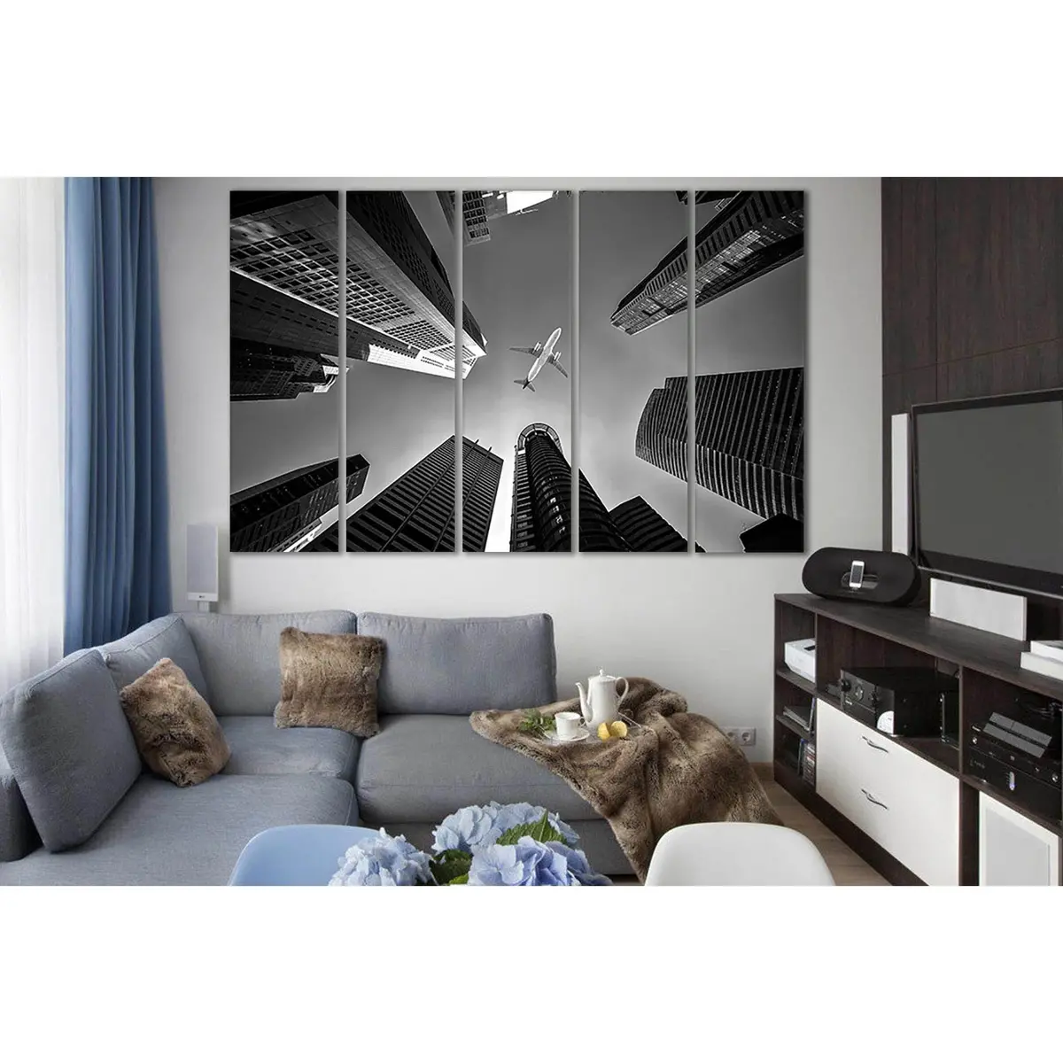 Contemporary Airplane and Urban Skyline Canvas Print – Pre-Hung Wall Art (SL836) - Image 3