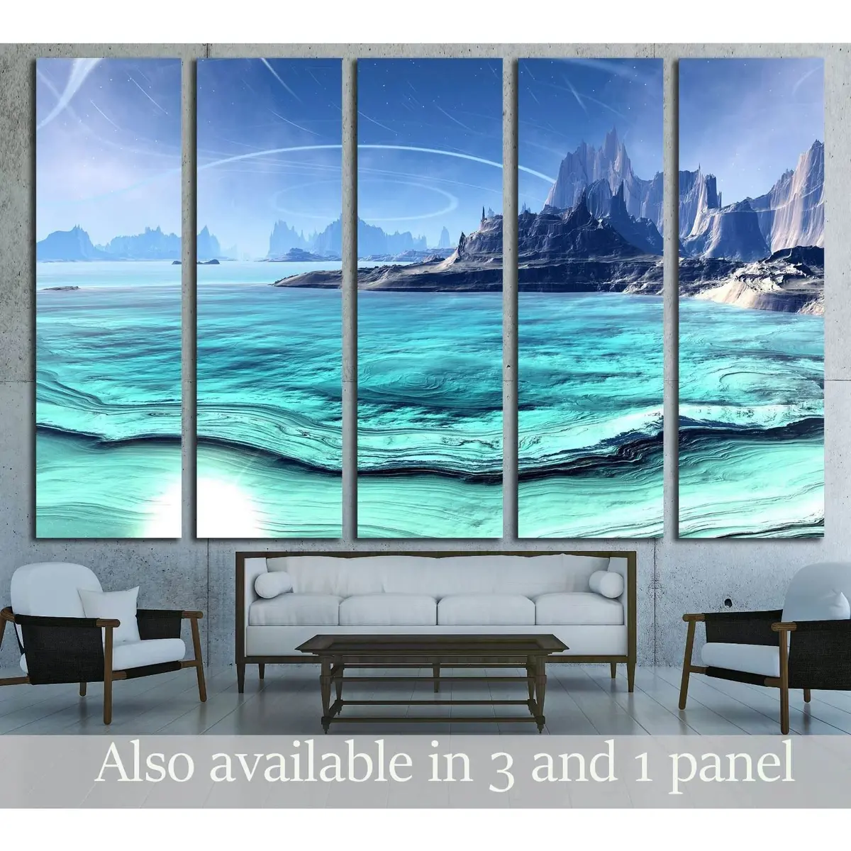 Alien Planet 3D Art Canvas Print – Surreal Rocks and Lake Landscape