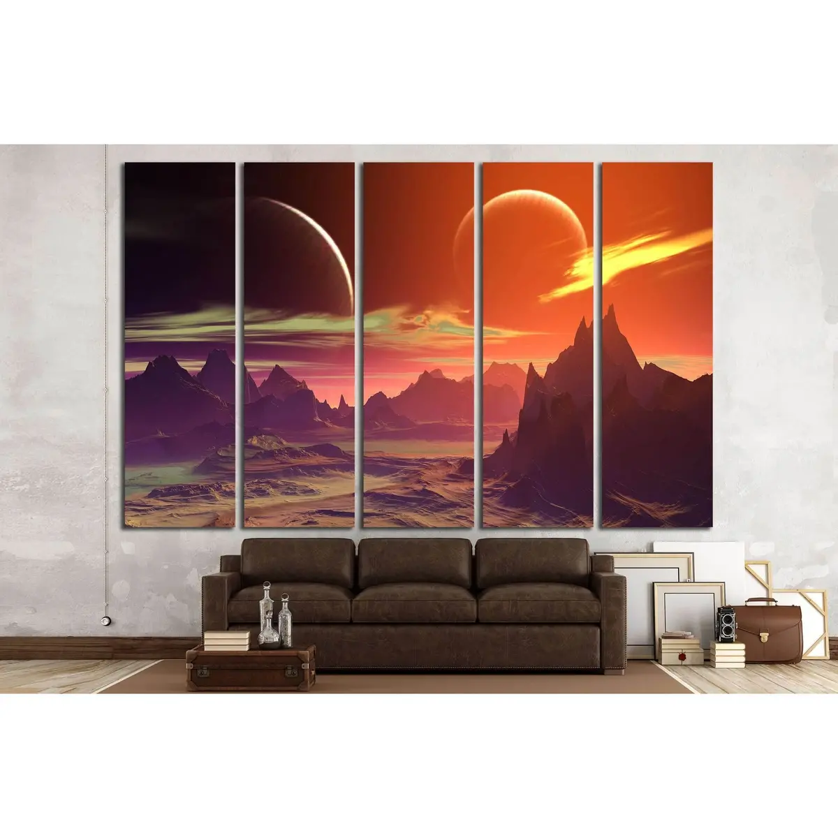 Alien Planet 3D Art Canvas Print: Surreal Rocky Landscape with Orbiting Moon - Image 3