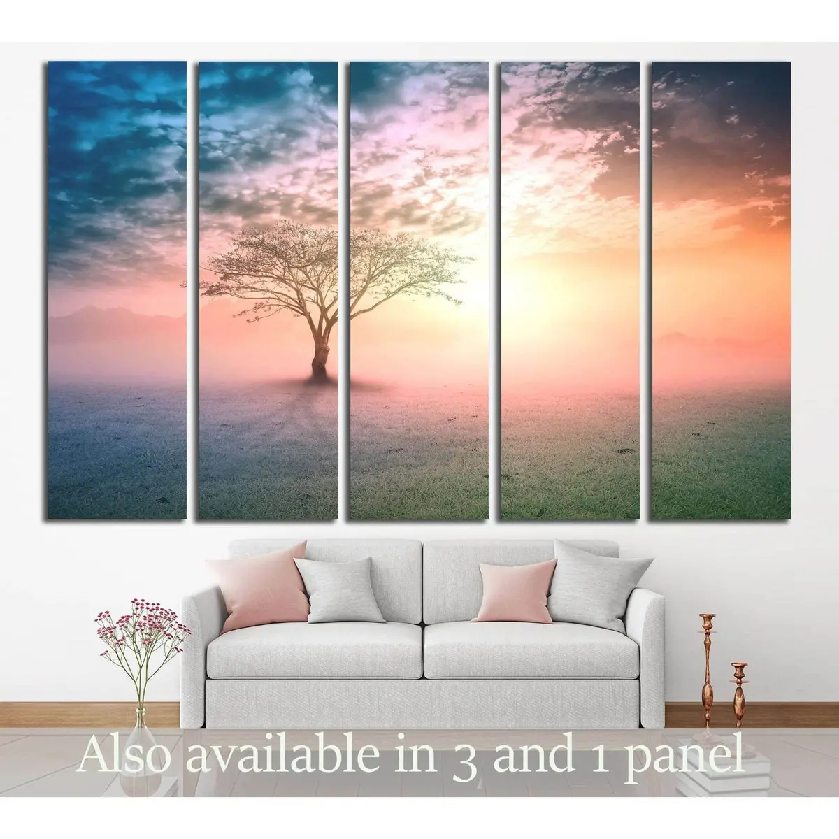 Solitary Tree Meadow Landscape Canvas Wall Art #3161