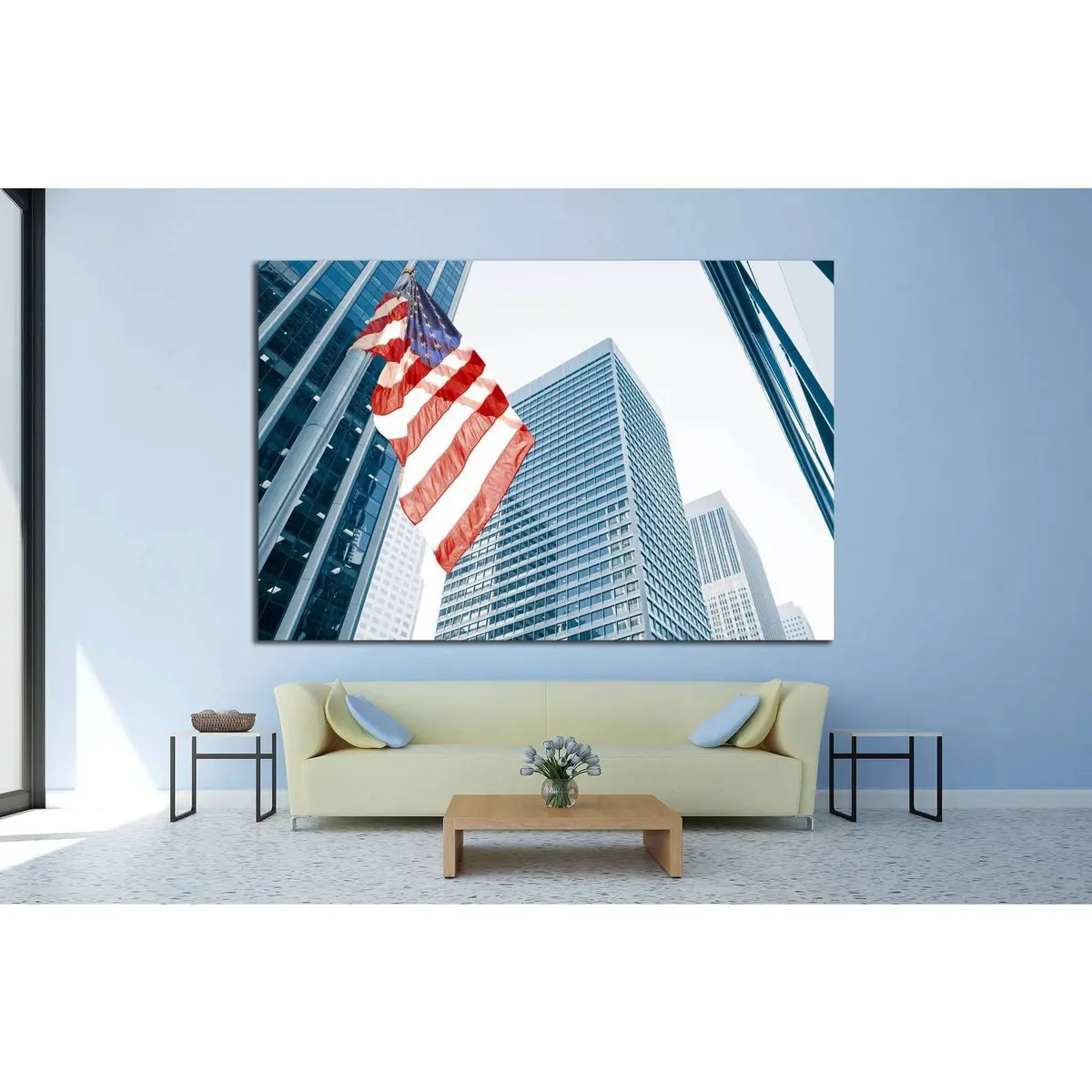 American Flag On Blue Building №1288 Ready To Hang Canvas Print 3
