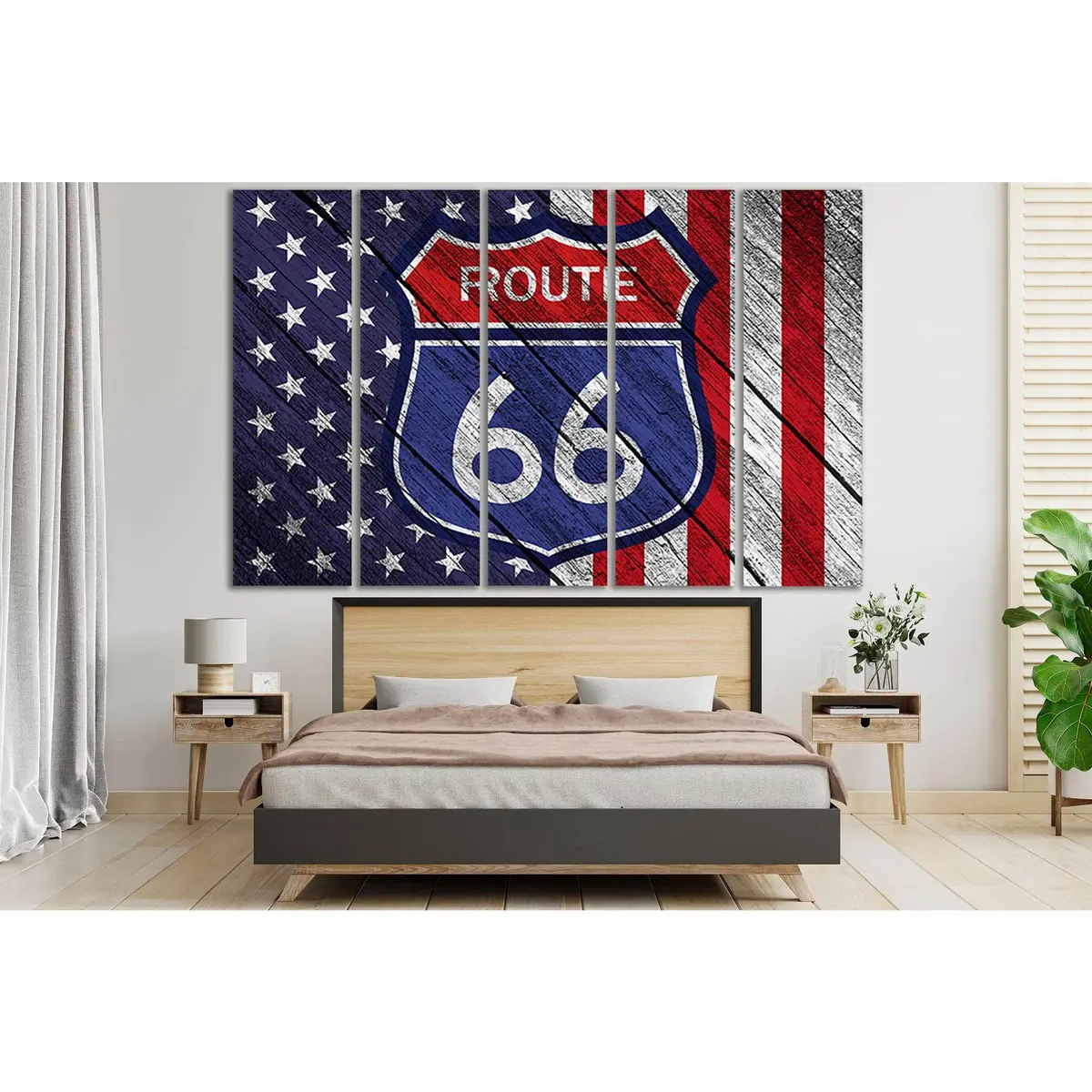 Vintage Route 66 American Flag Canvas Art on Weathered Wood – Ready-to-Hang Wall Decor - Image 3