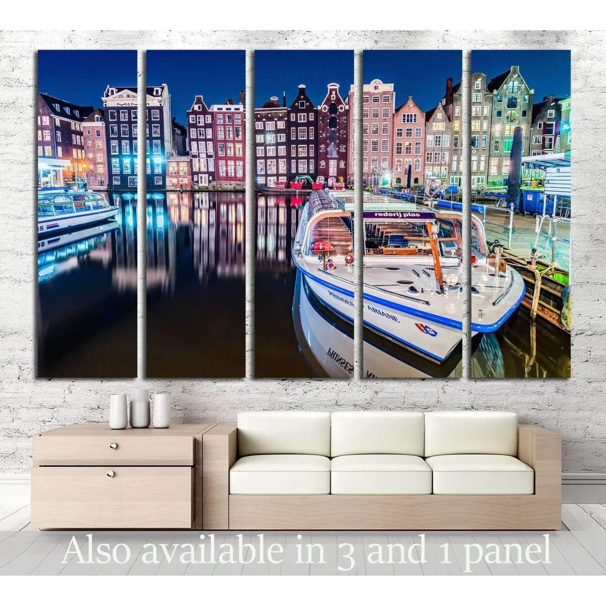 Amsterdam Night Scene: Damrak Canalside View with Passenger Boat and Water Reflection – Ready-to-Hang Canvas Print