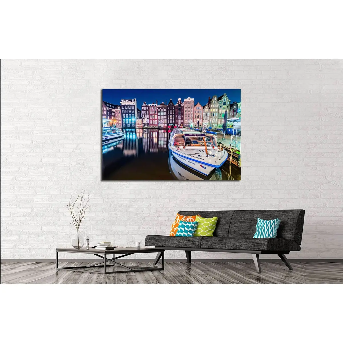 Amsterdam City View At Central Damrak With Passenger Boat And Reflection In The Water At Night, Amsterdam Netherlands №2384 Ready To Hang Canvas Print 3