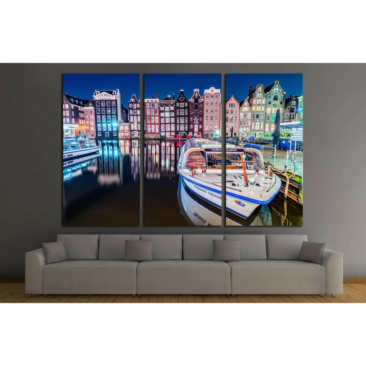 Amsterdam City View At Central Damrak With Passenger Boat And Reflection In The Water At Night, Amsterdam Netherlands №2384 Ready To Hang Canvas Print 5
