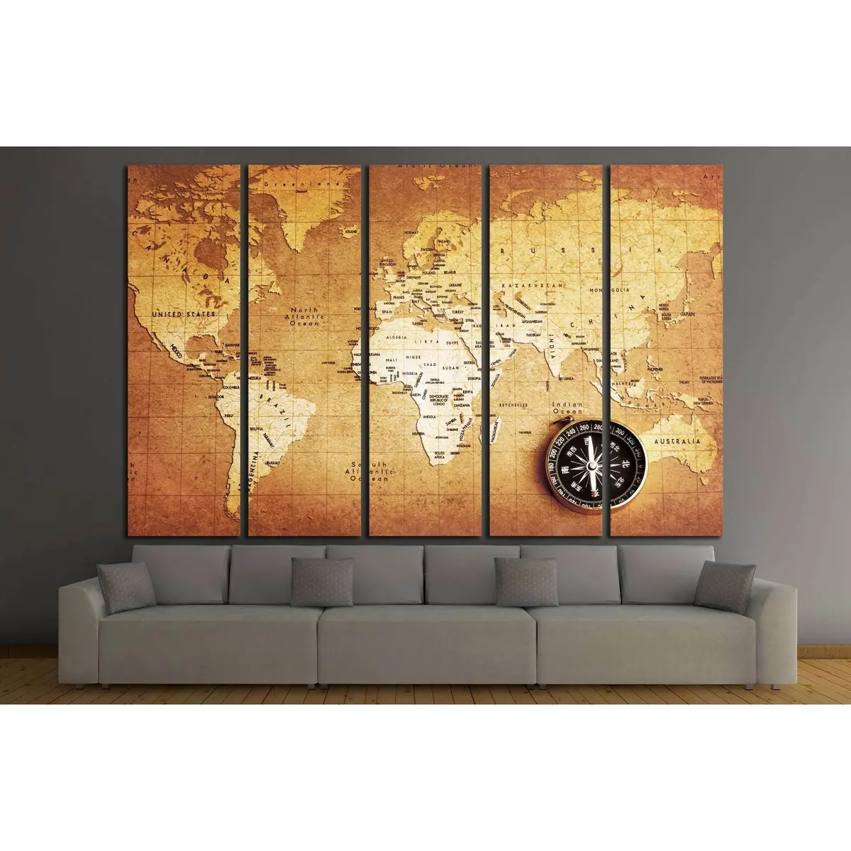 Vintage Brass Compass on Antique Treasure Map Canvas Wall Art - Image 3