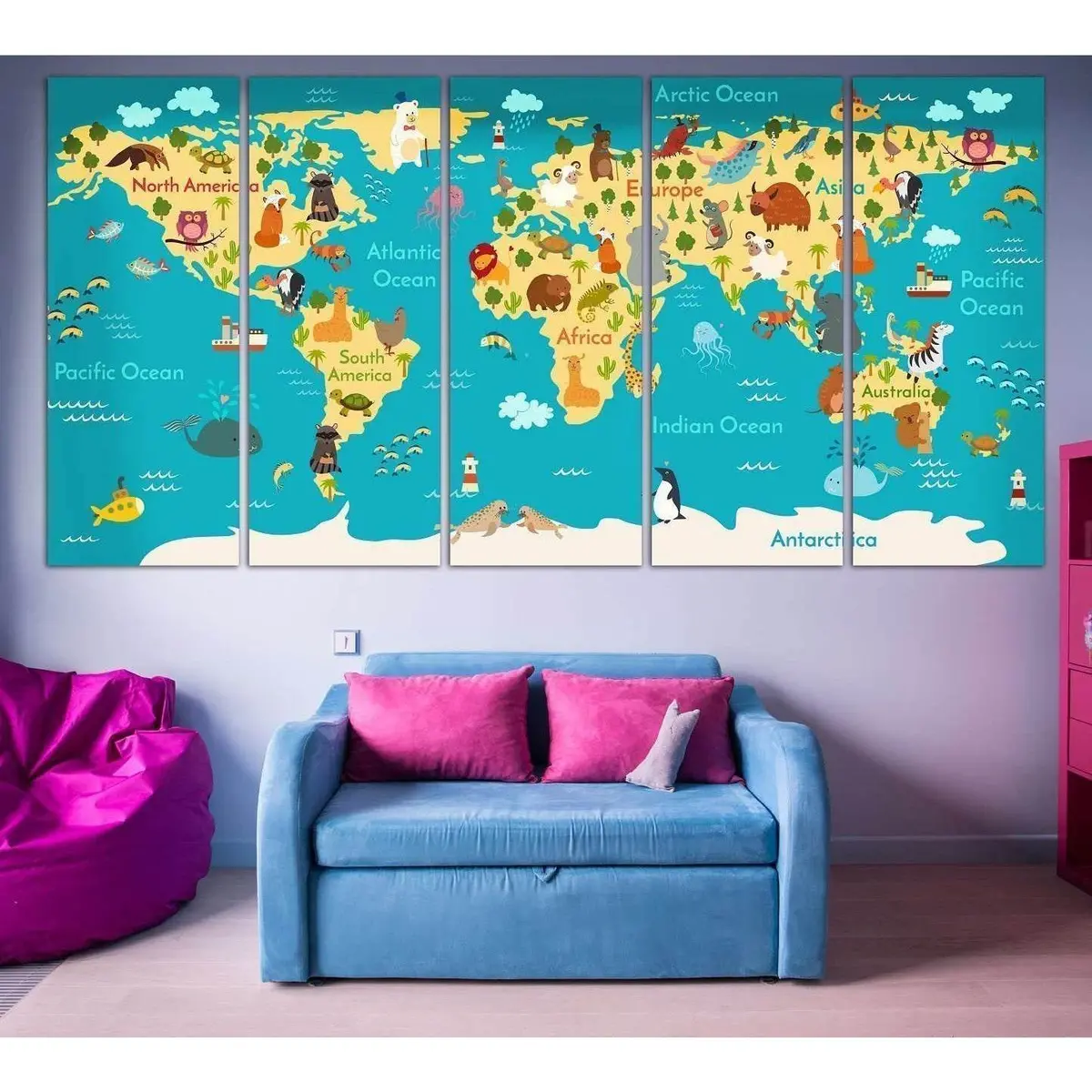Adorable Animal-Illustrated World Map Canvas Print for Children's Rooms №794 – Ready to Hang