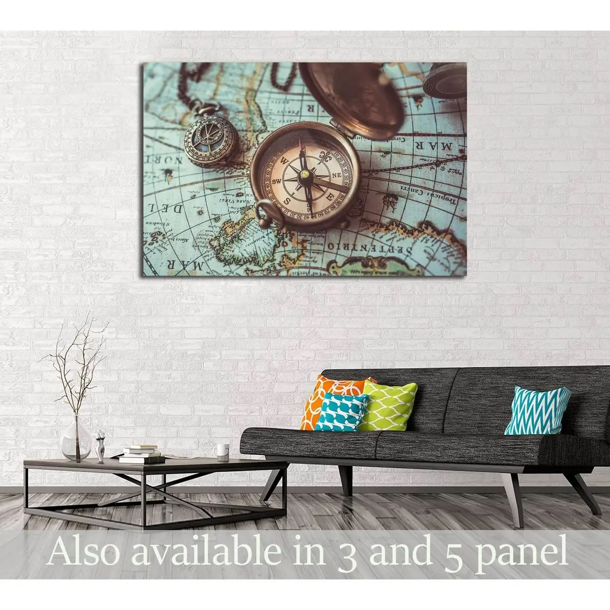 Antique Bronze Emblem Compass, Mini Compass Necklace Pendant And Binocular Telescopes №2818 Ready To Hang Canvas Print 1