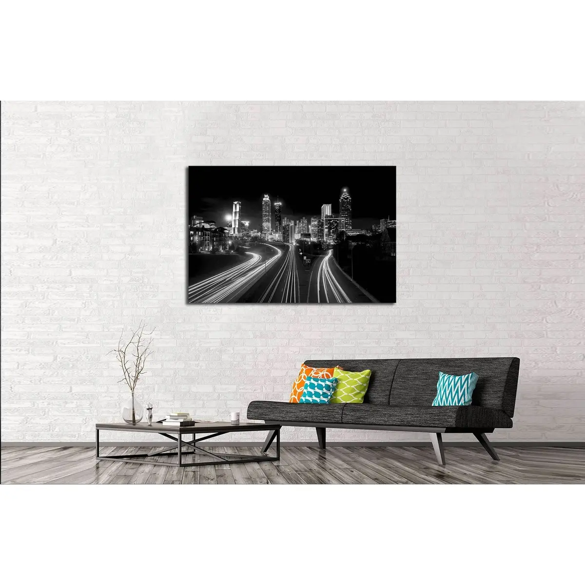 Atlanta Skyline At Night, High Contrast Black And White With Light Trails №2947 Ready To Hang Canvas Print 3